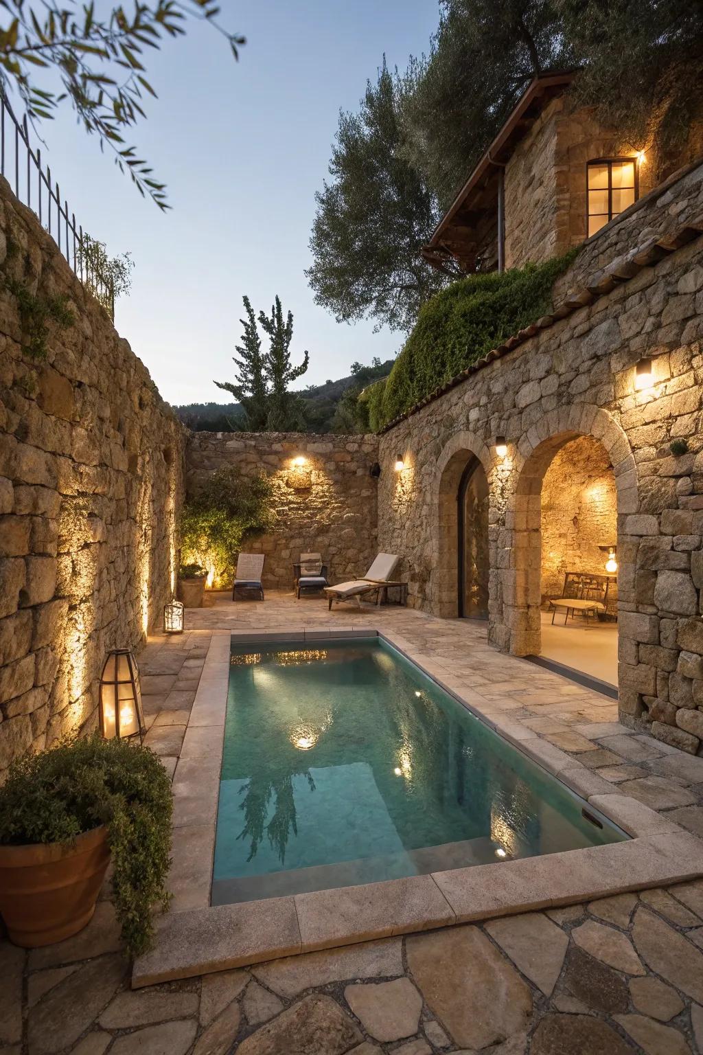 Rustic stone walls offer timeless privacy and elegance for pools.
