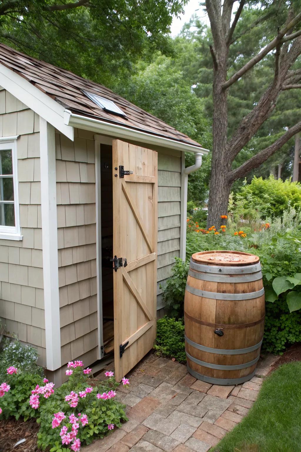 Timeless elegance with cedar shingle-wrapped rain barrel.