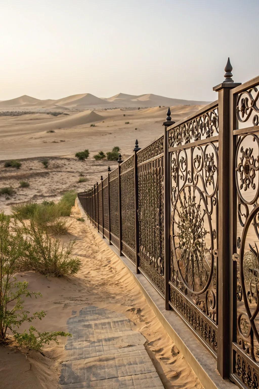 Decorative metal panels add an artistic touch to fencing.
