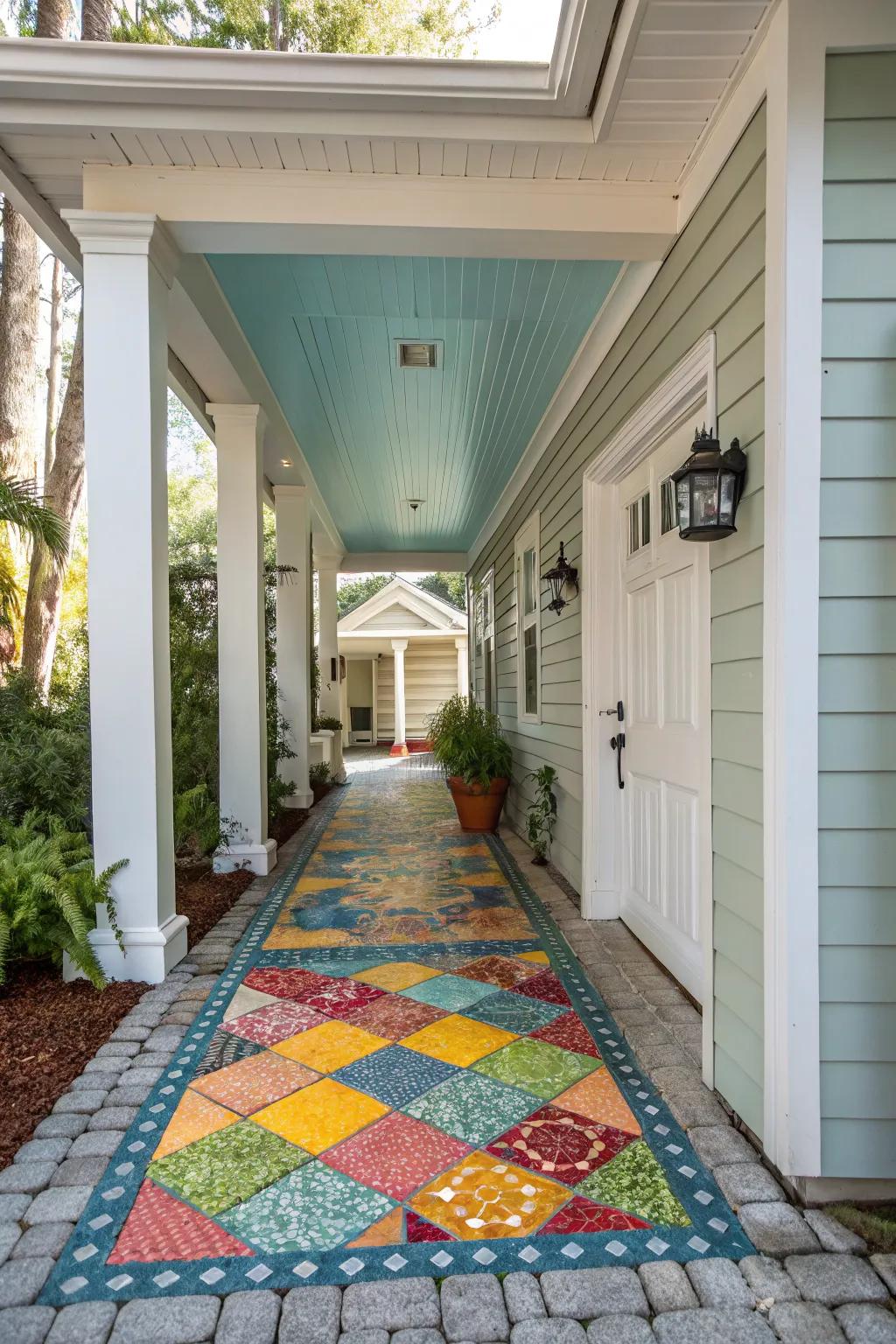 A vibrant mosaic path bringing color and interest to a breezeway.