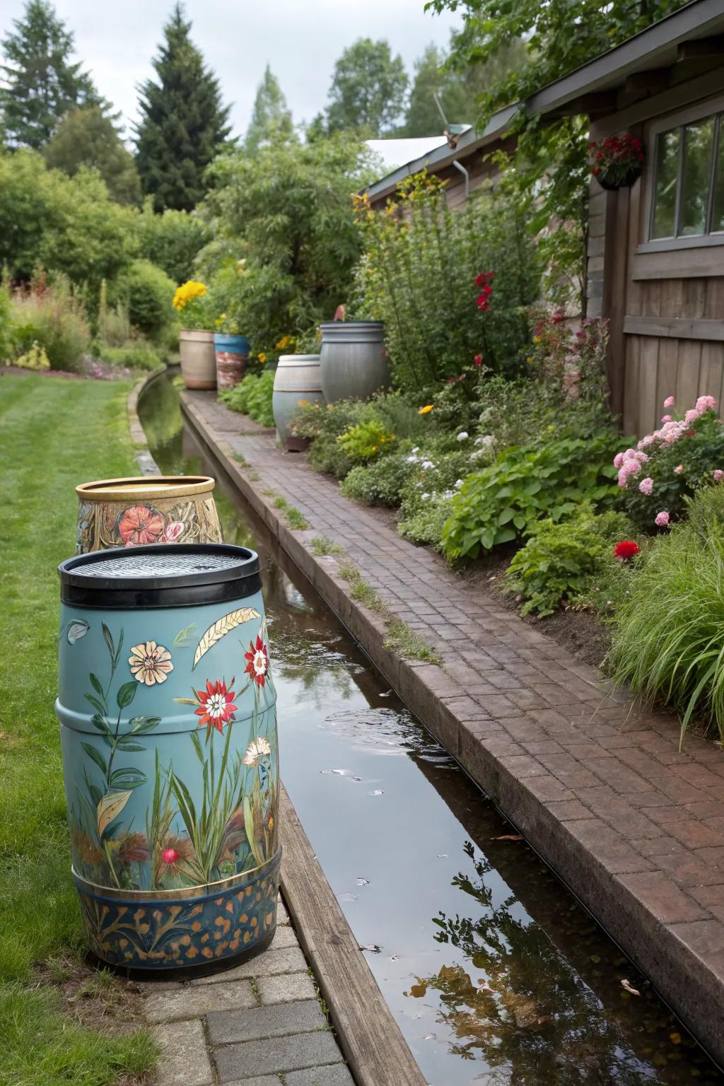 Combine functionality and style with decorative rain barrels.