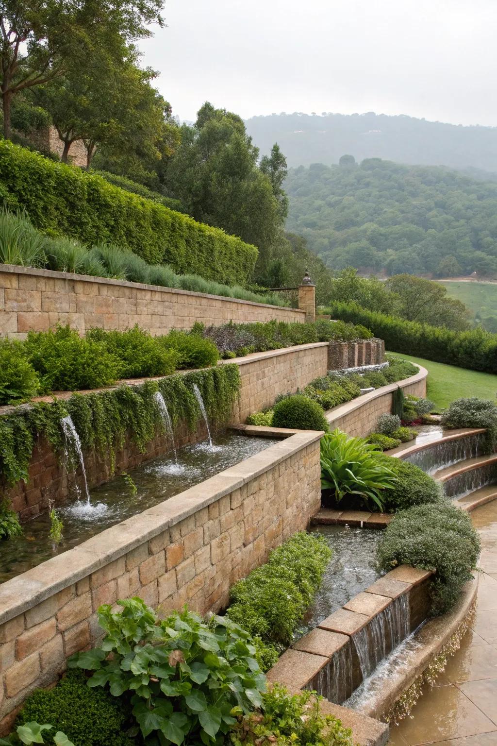 Retaining walls manage water on slopes.