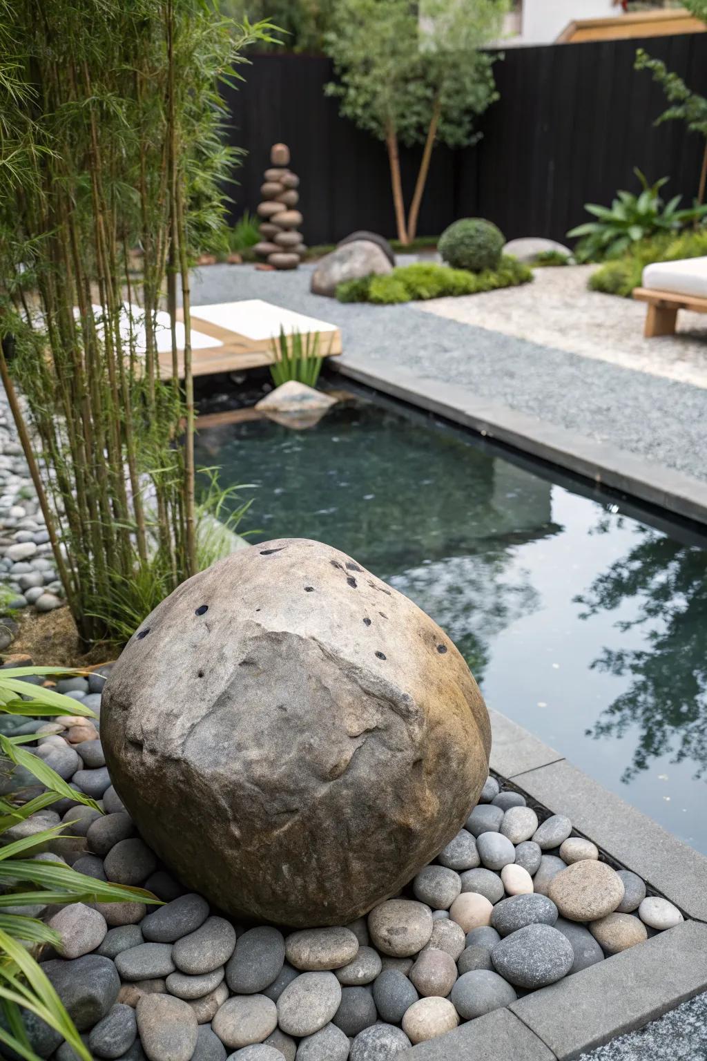 A Zen-inspired poolside with a diving rock and tranquil garden elements.