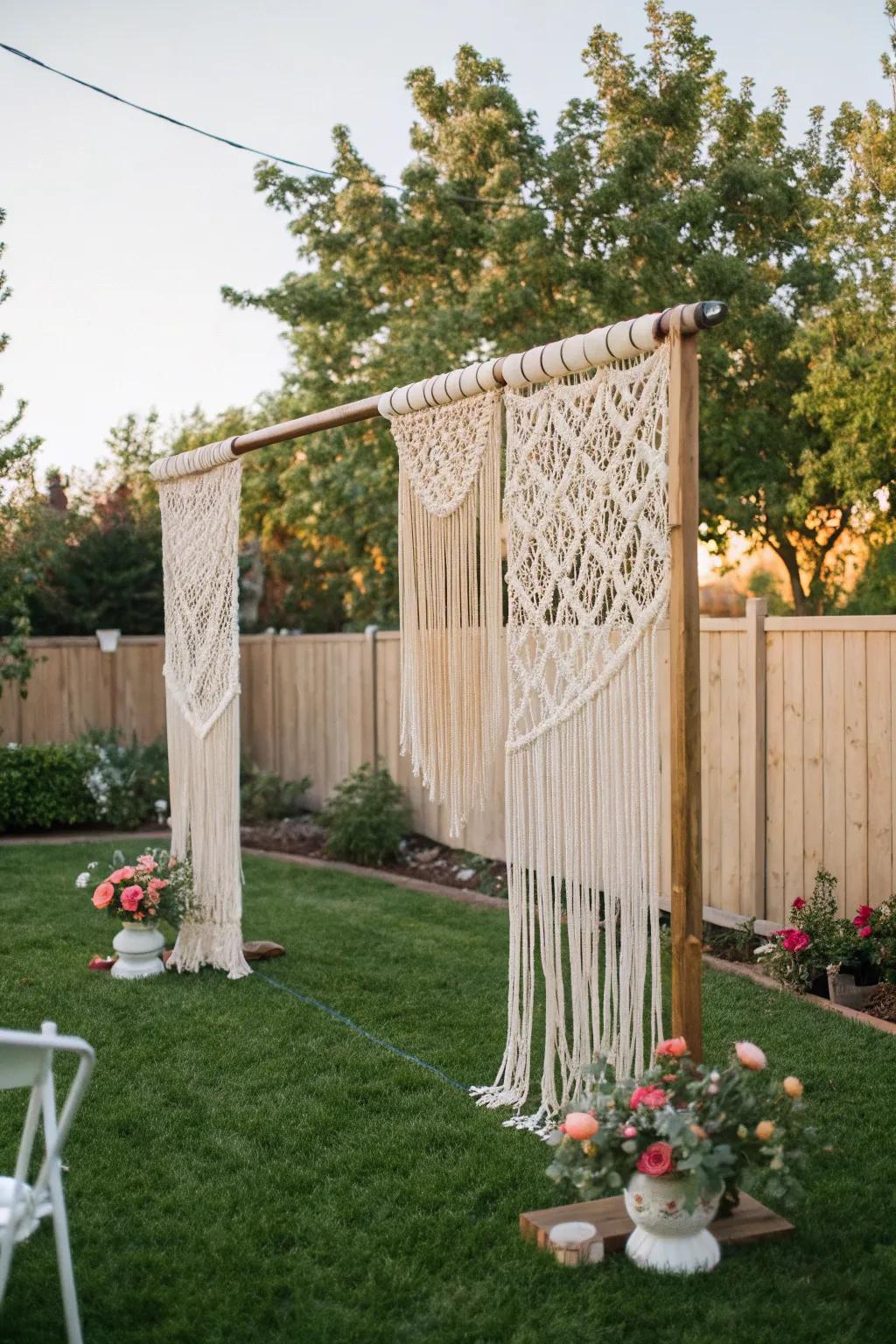 A macrame backdrop provides a stunning focal point.