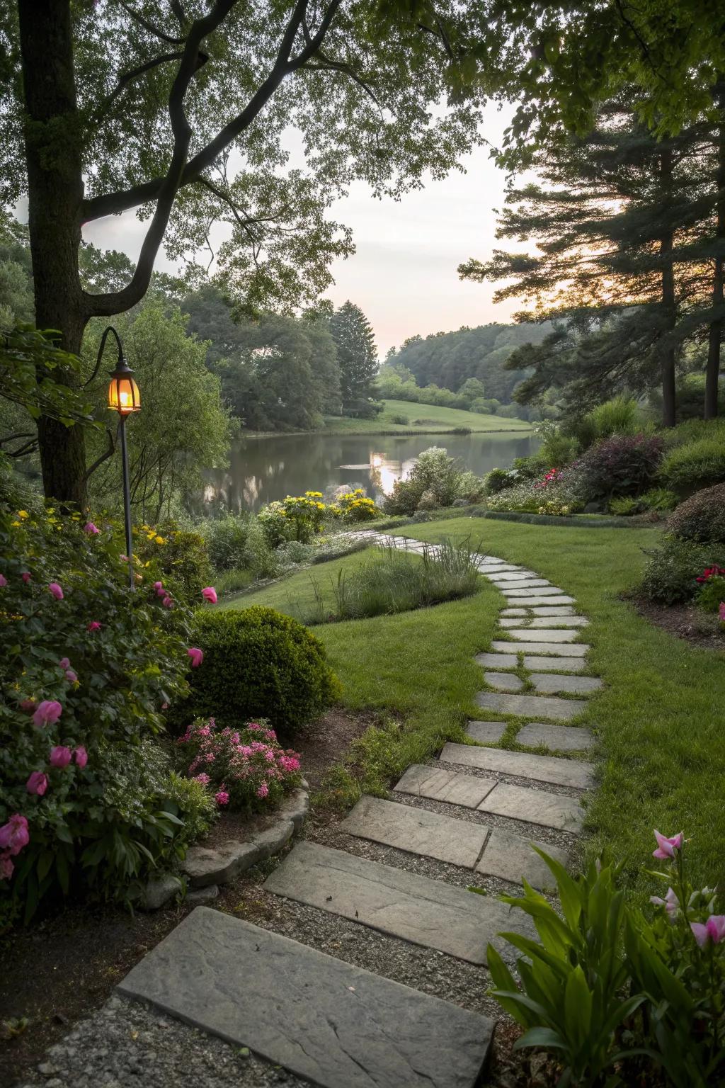 A charming stepping stone path leading to your pond.