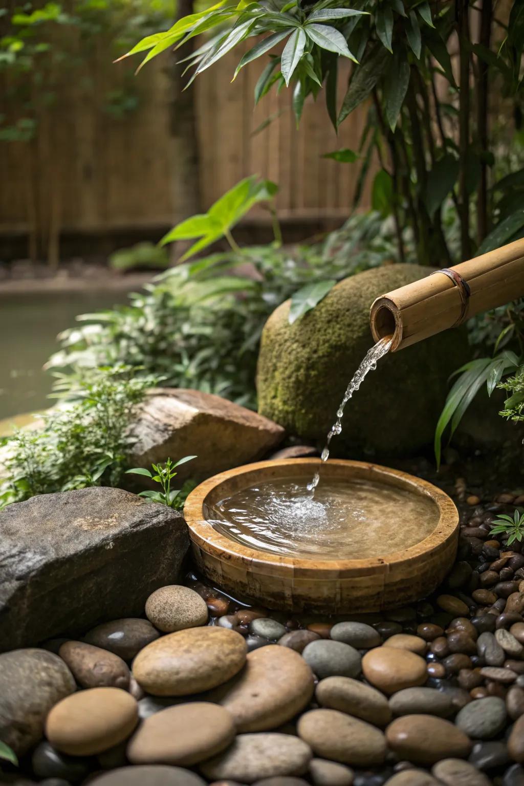 A bamboo fountain birdbath adds tranquility and sound to your garden.