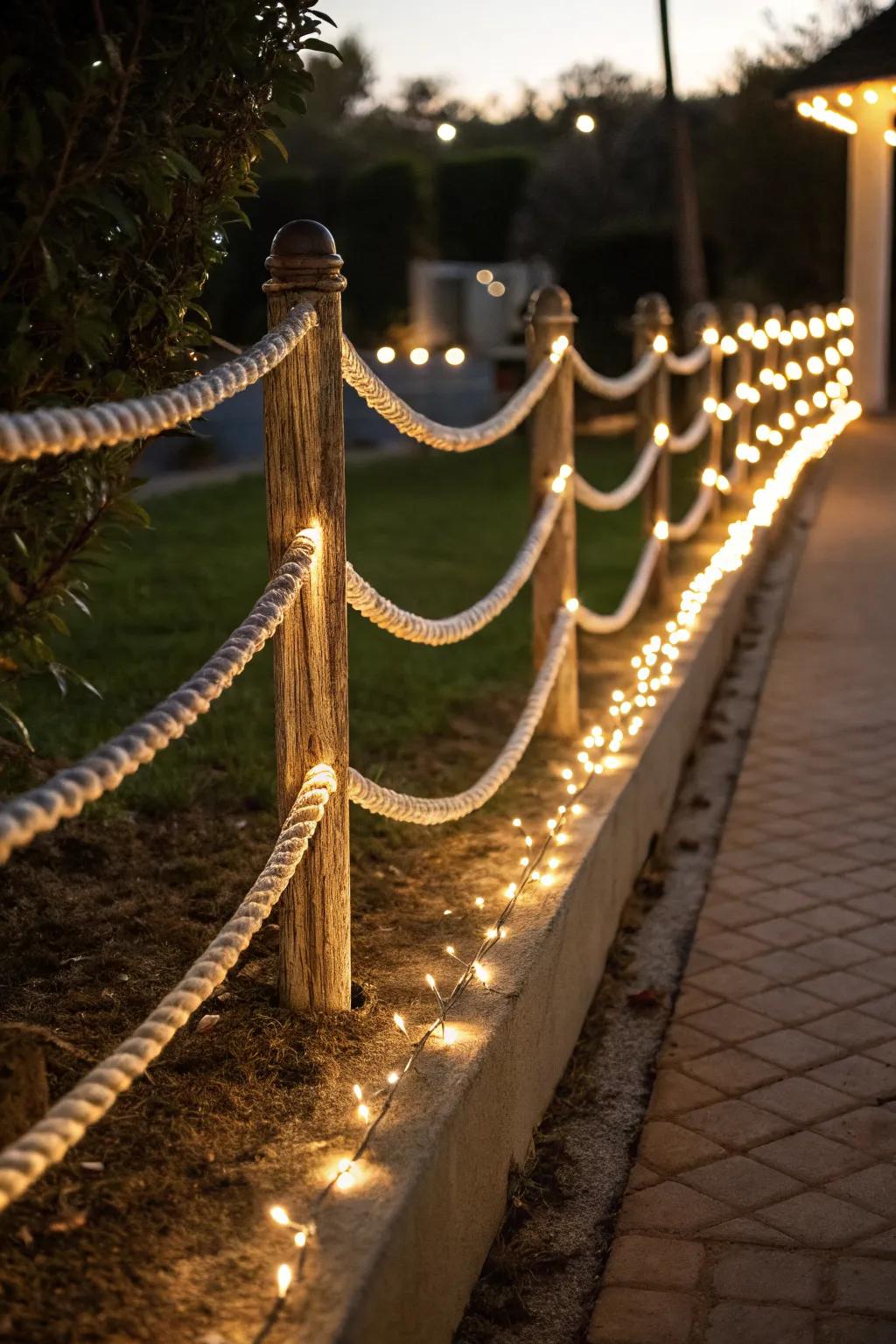 Rope lights neatly define your yard with festive flair.