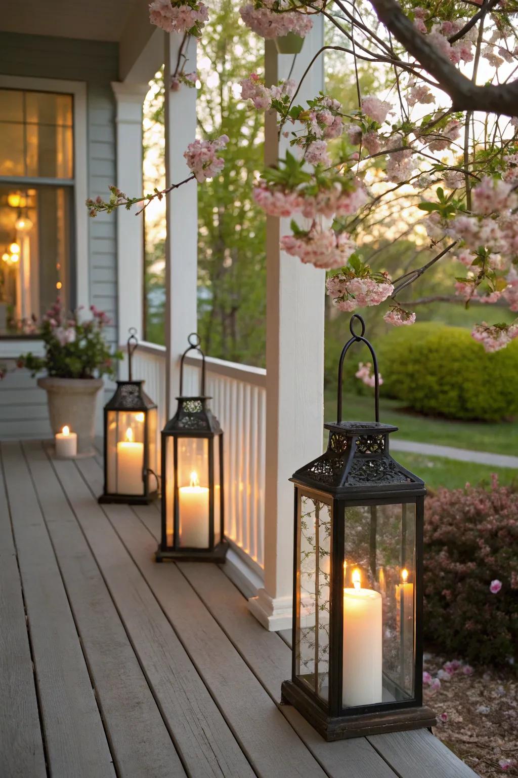 Spring lanterns create a cozy ambiance on your porch.