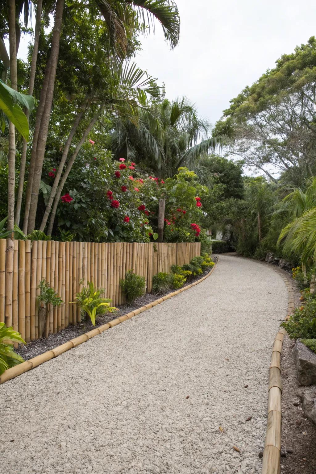 Bamboo edging offers an exotic and sustainable driveway border.