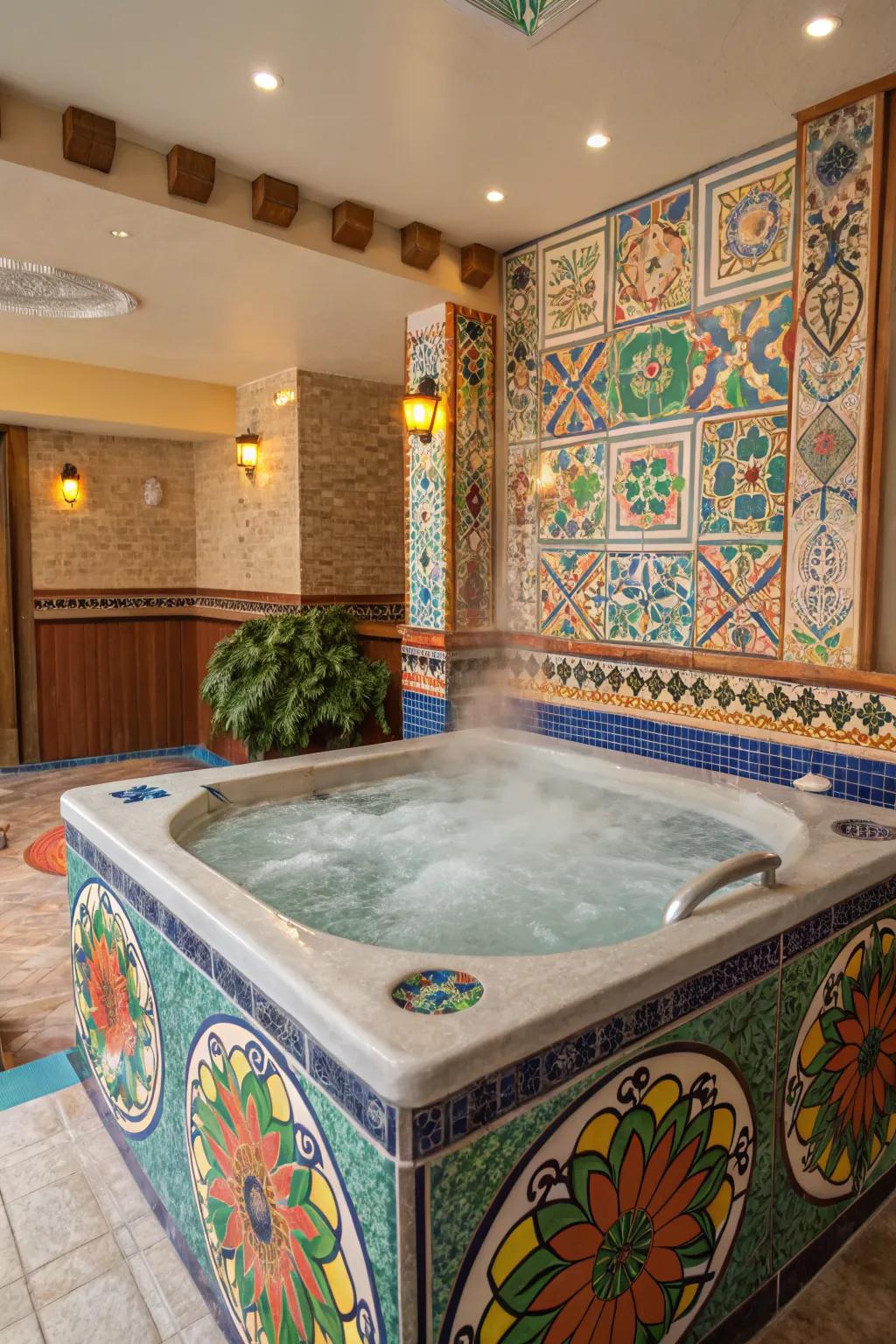 Tile mosaics bring vibrant art to your hot tub surroundings.