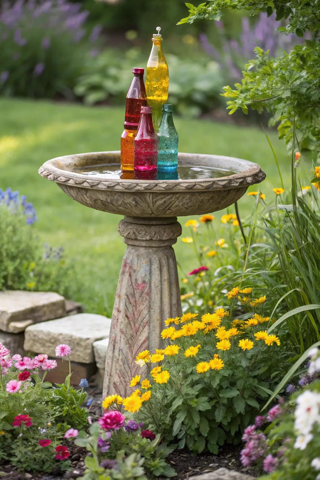 Glass bottles create a unique and colorful bird bath pedestal.