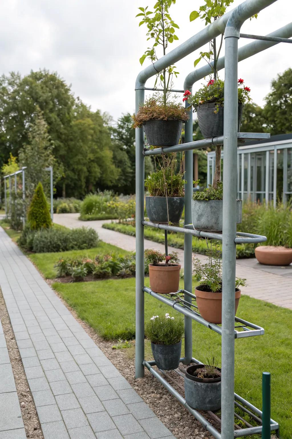 Achieve a modern look with a metal pipe plant holder.