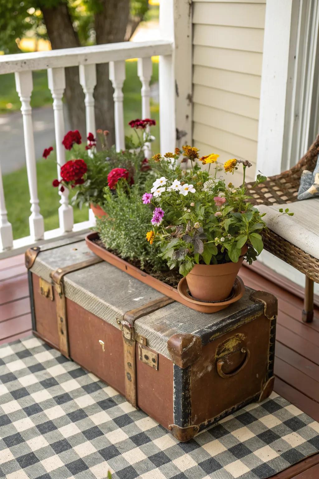 A vintage suitcase planter adds an unexpected twist to garden decor.