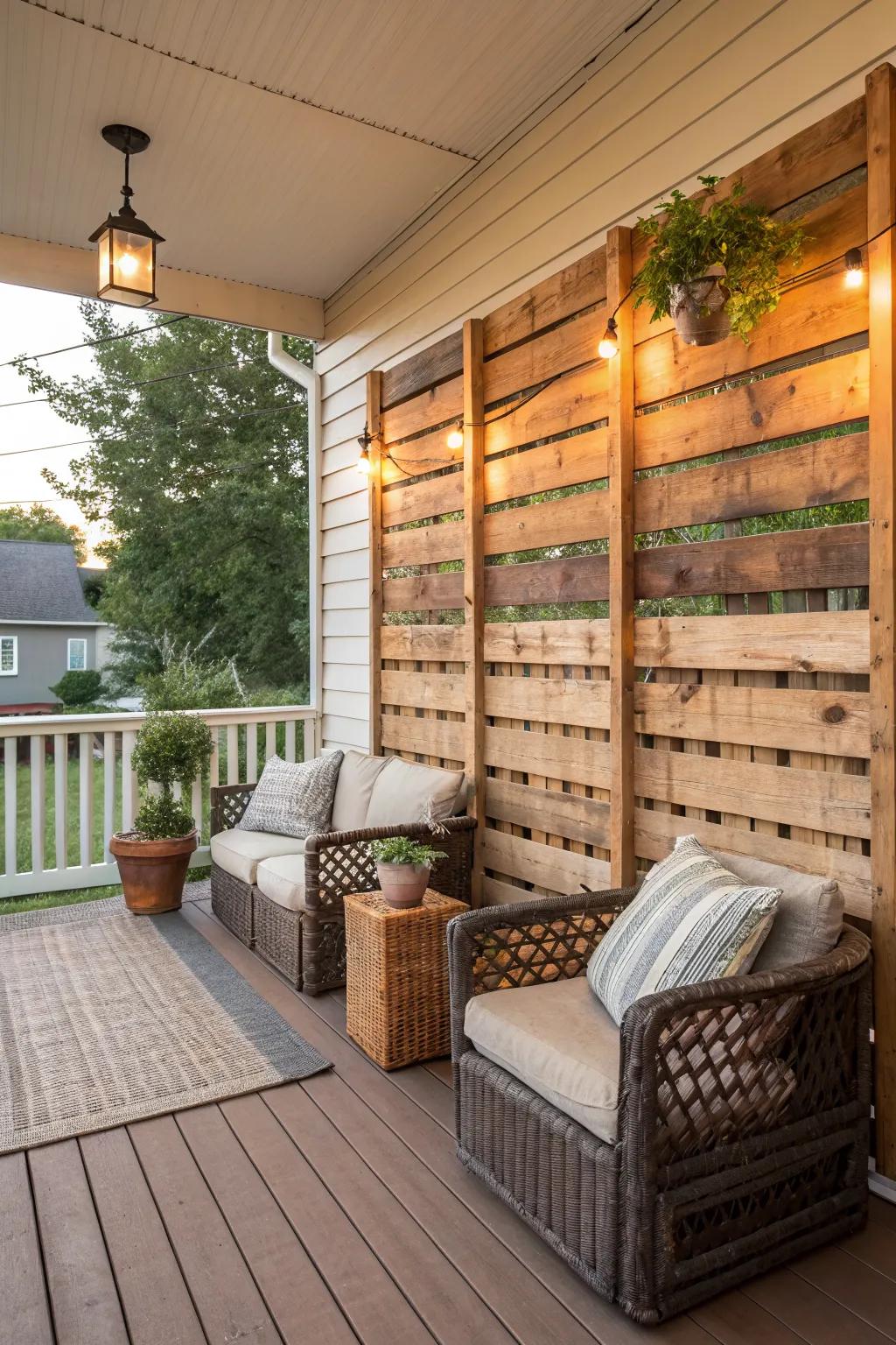 Recycled pallets create an eco-friendly and rustic privacy wall.
