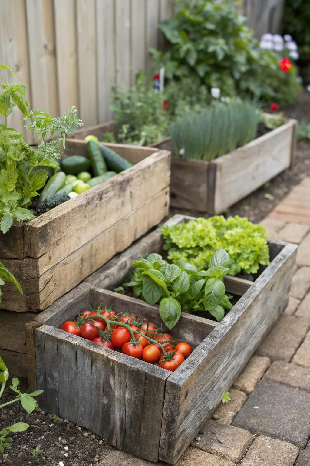 Reclaimed wood planters offer a rustic and personalized touch.