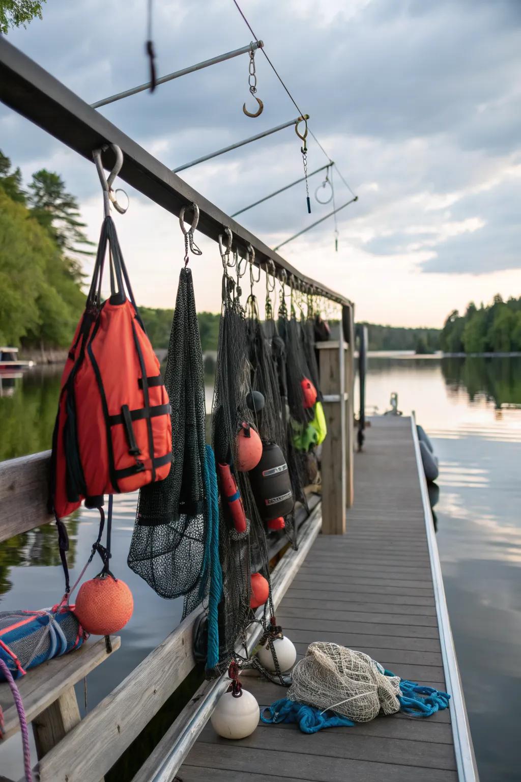 Hanging storage systems clear your dock surface and keep essentials handy.