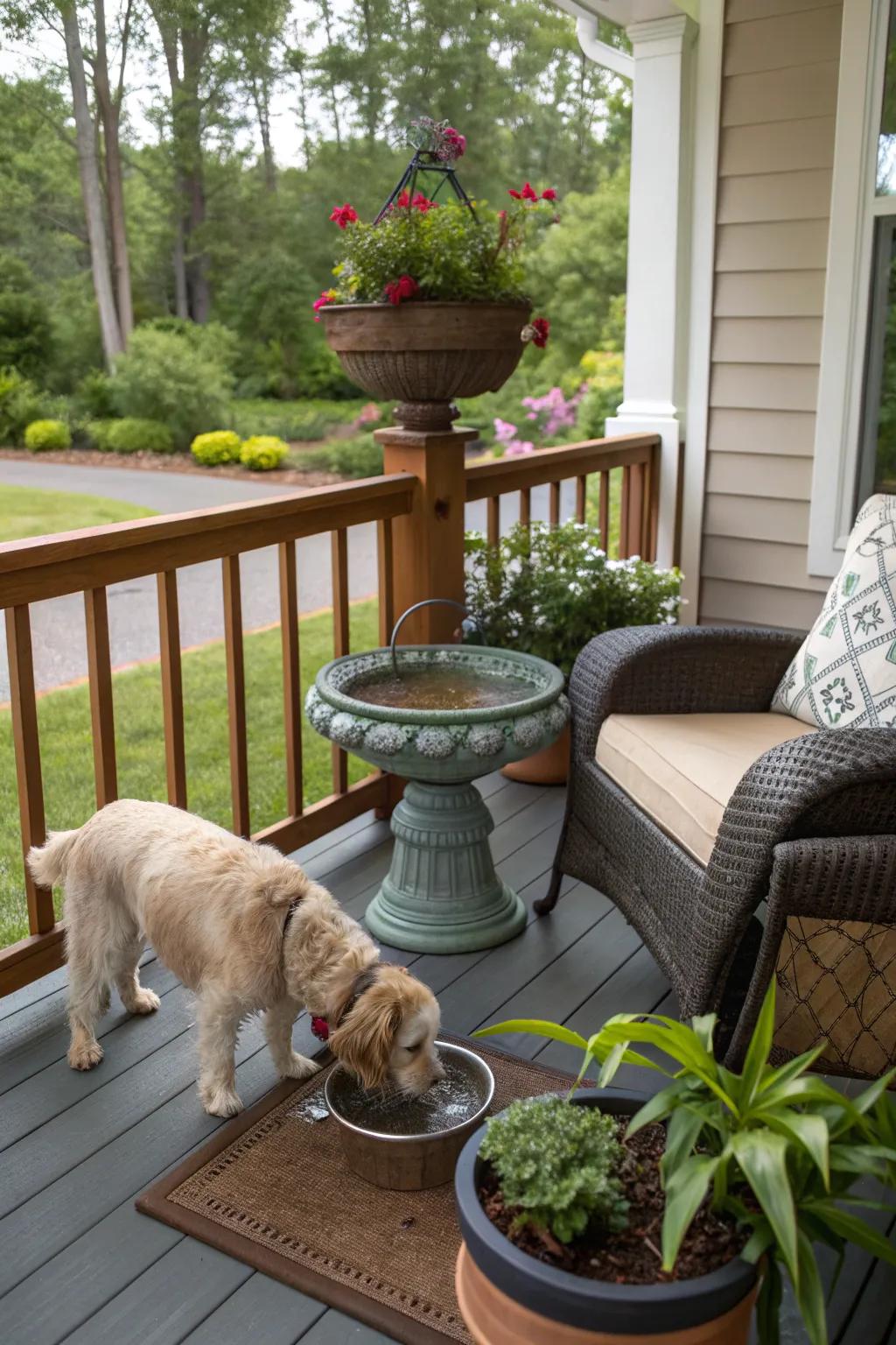 A watering station keeps dogs hydrated and adds a decorative touch.