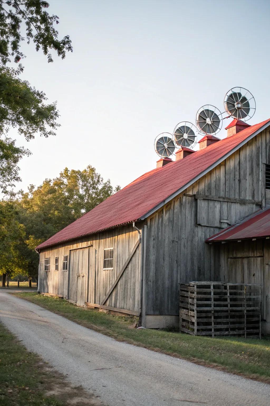 Ventilation fans ensuring fresh air circulation in the barn.