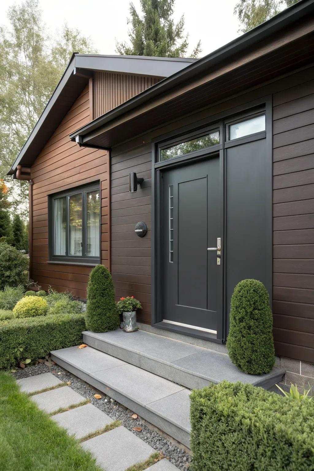 Charcoal gray doors add sleek sophistication to brown homes.