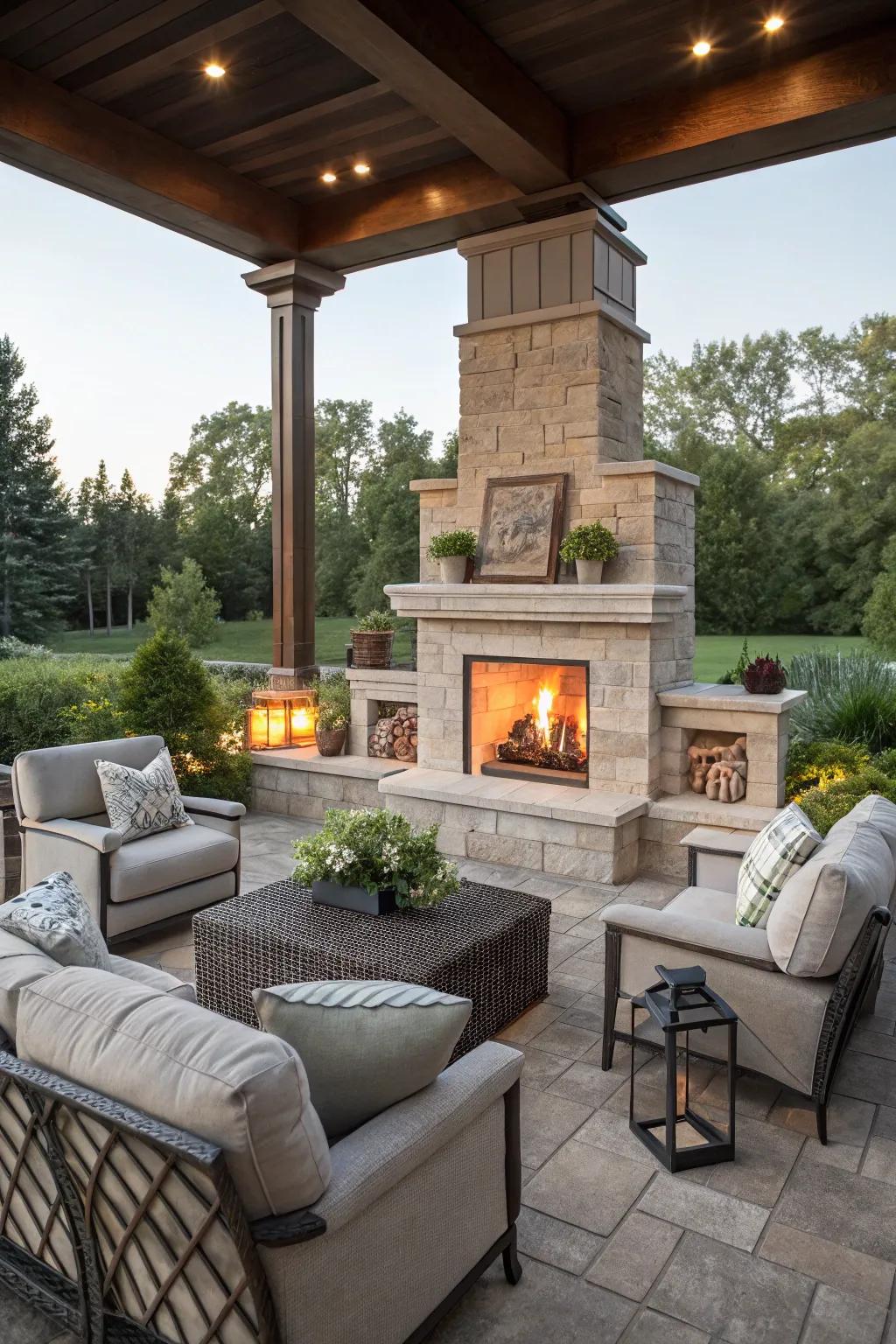 Bring indoor comfort outside with a fireplace-centered living room.