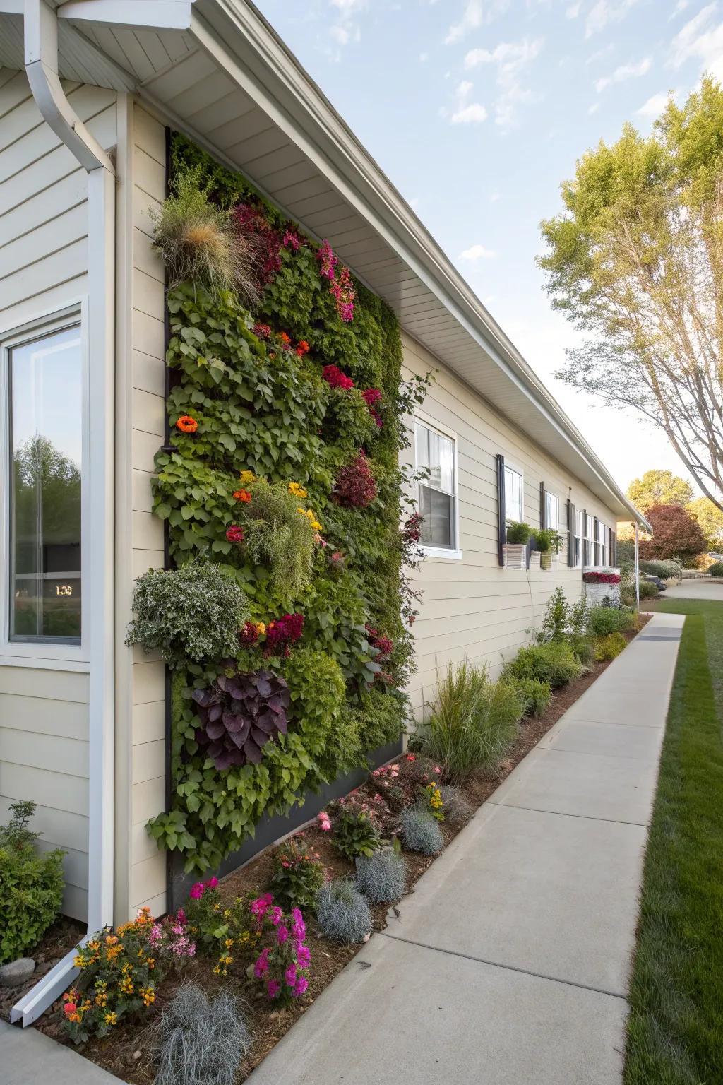 A vertical garden adds greenery in limited space.