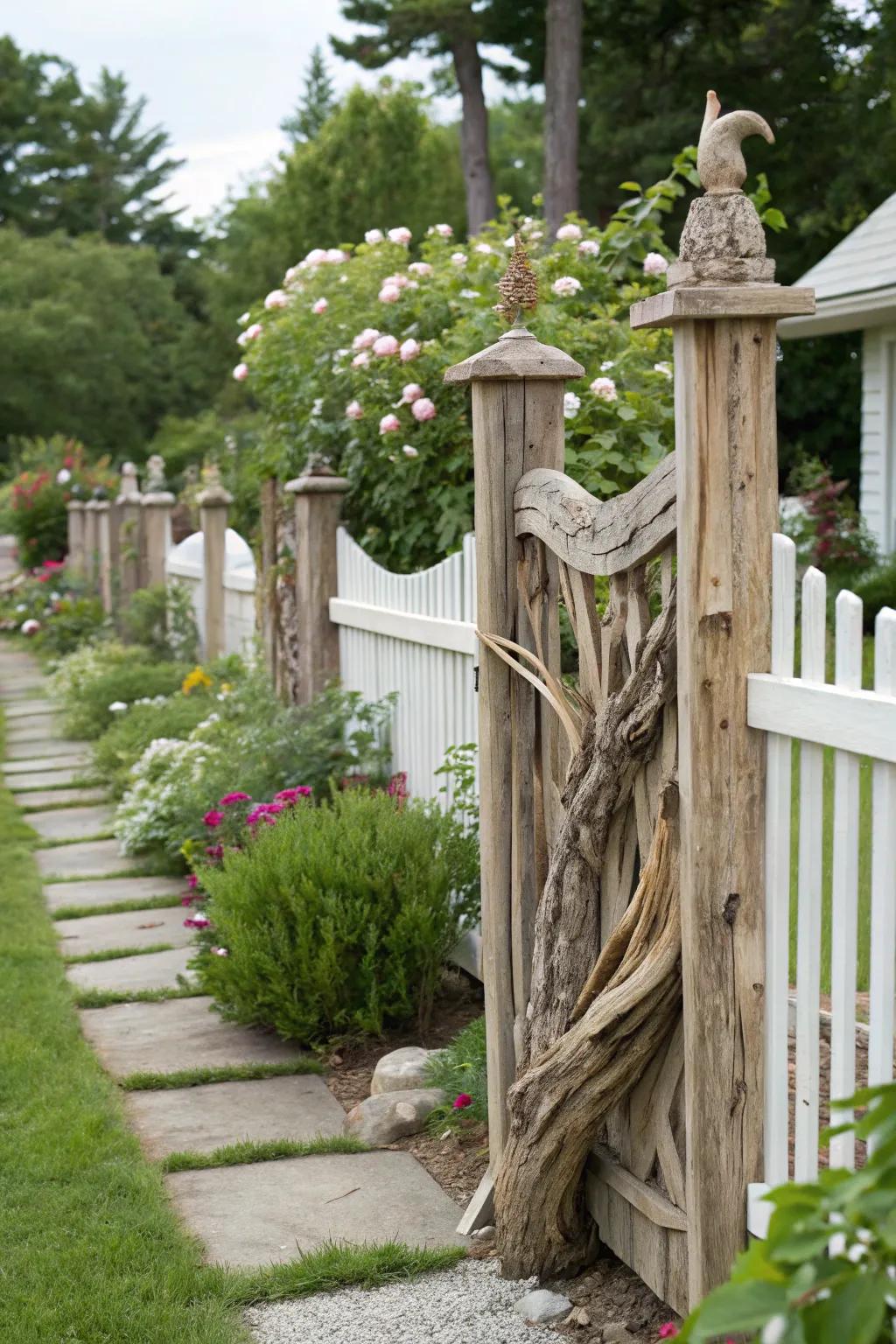 Sculptural driftwood creates a fence masterpiece.