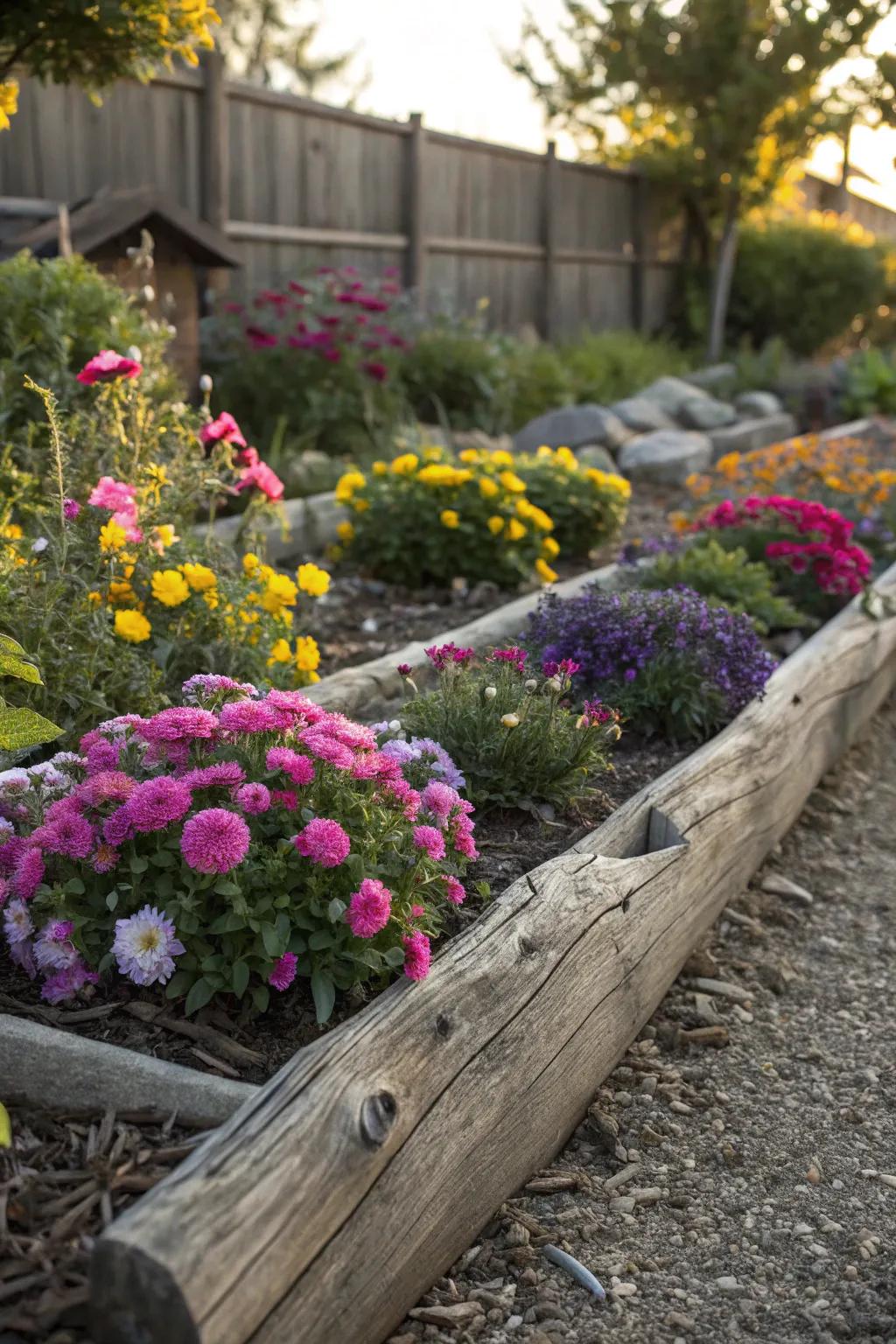 Driftwood providing a natural border for vibrant garden beds.