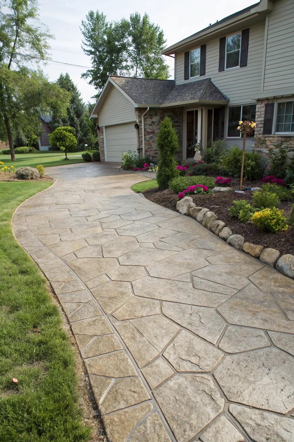 Stamped concrete offers the elegance of stone without the high cost.