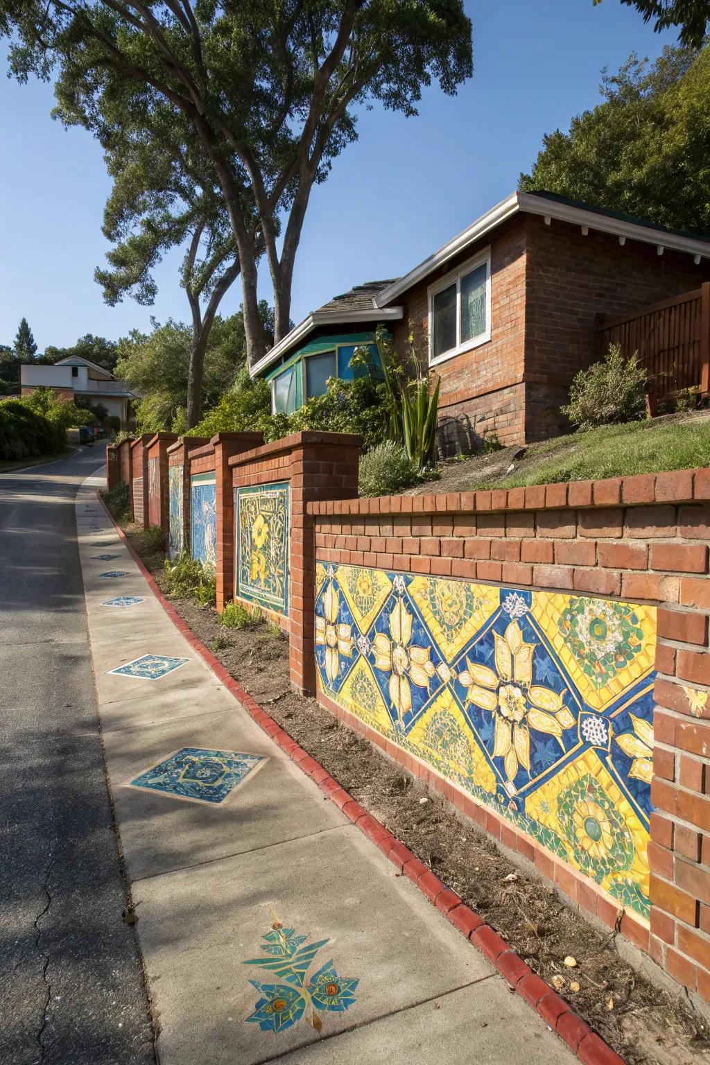 Colorful mosaic patterns add artistic flair to this brick wall.