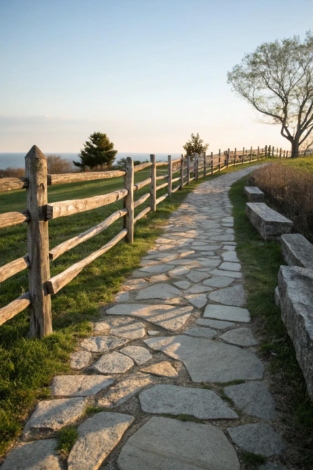 A stone pathway creating a refined look with a split rail fence.