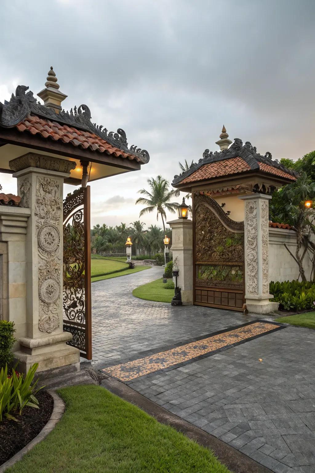 A culturally inspired gate reflecting global architecture.