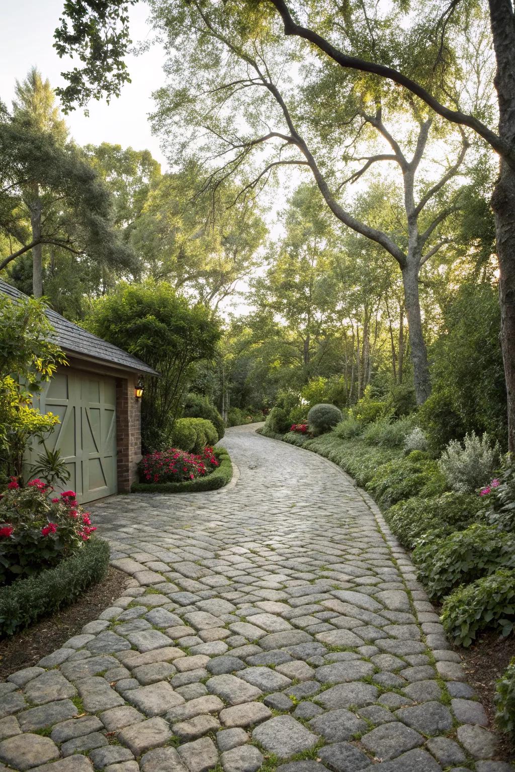 A rustic driveway harmoniously blending with nature