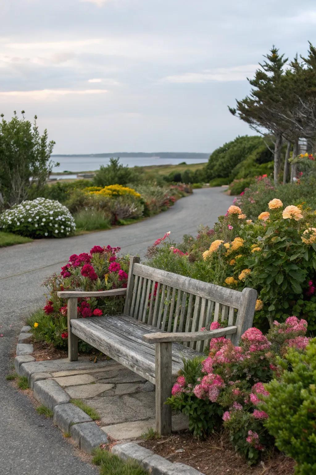 A rustic bench offers a cozy spot to admire your driveway landscape.