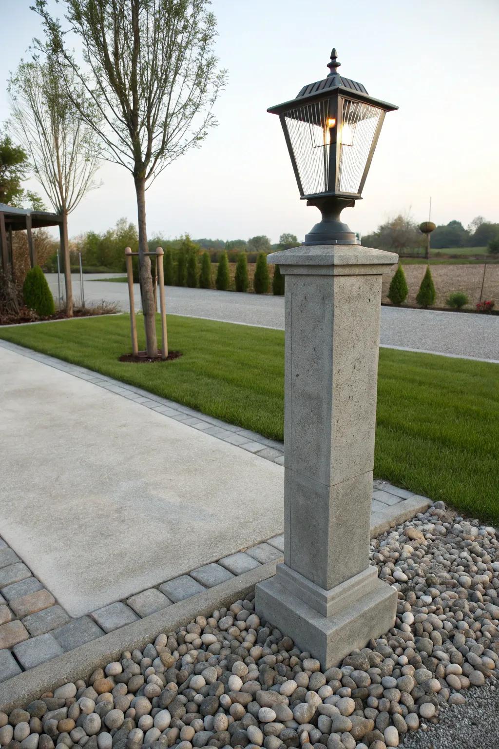 Concrete lamp post offers contemporary appeal.