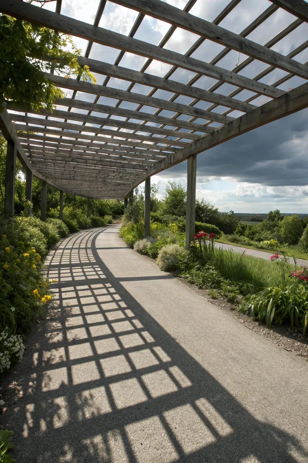 Artistic shade with an overhead lattice.