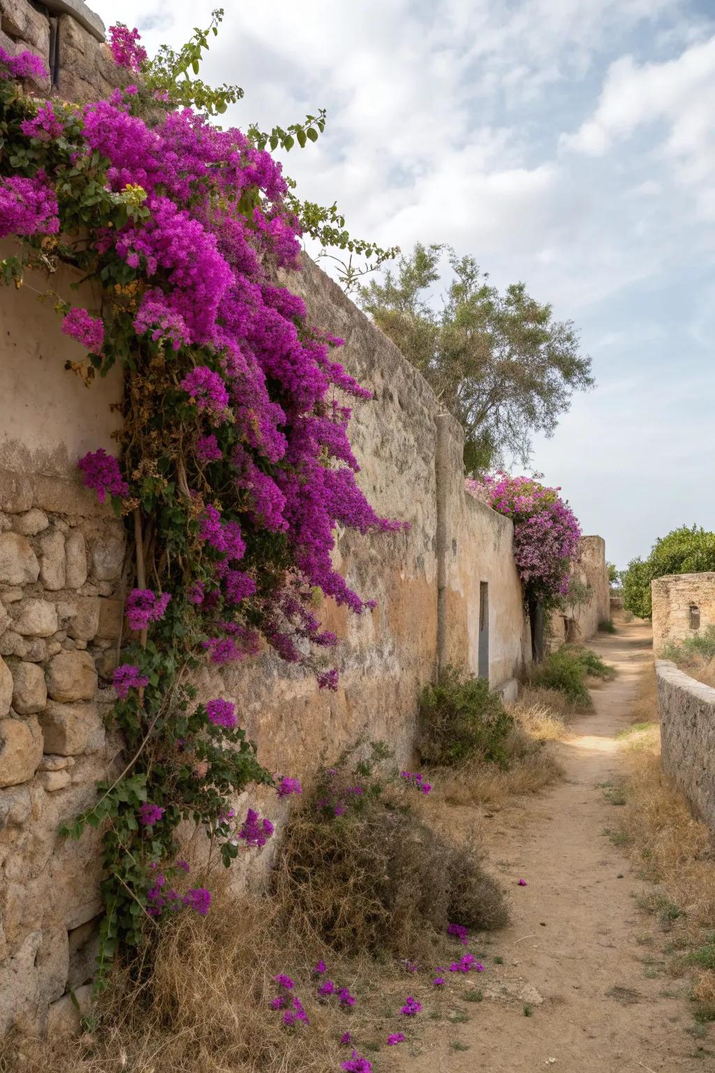 Climbing plants adding vertical interest in a dry garden.