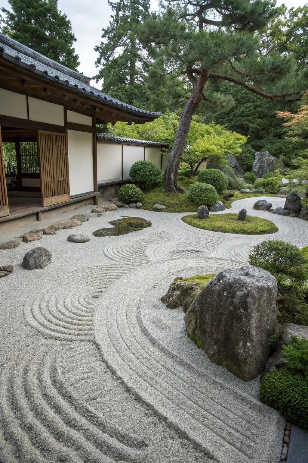 A Zen garden dry pond creates a peaceful retreat for relaxation.