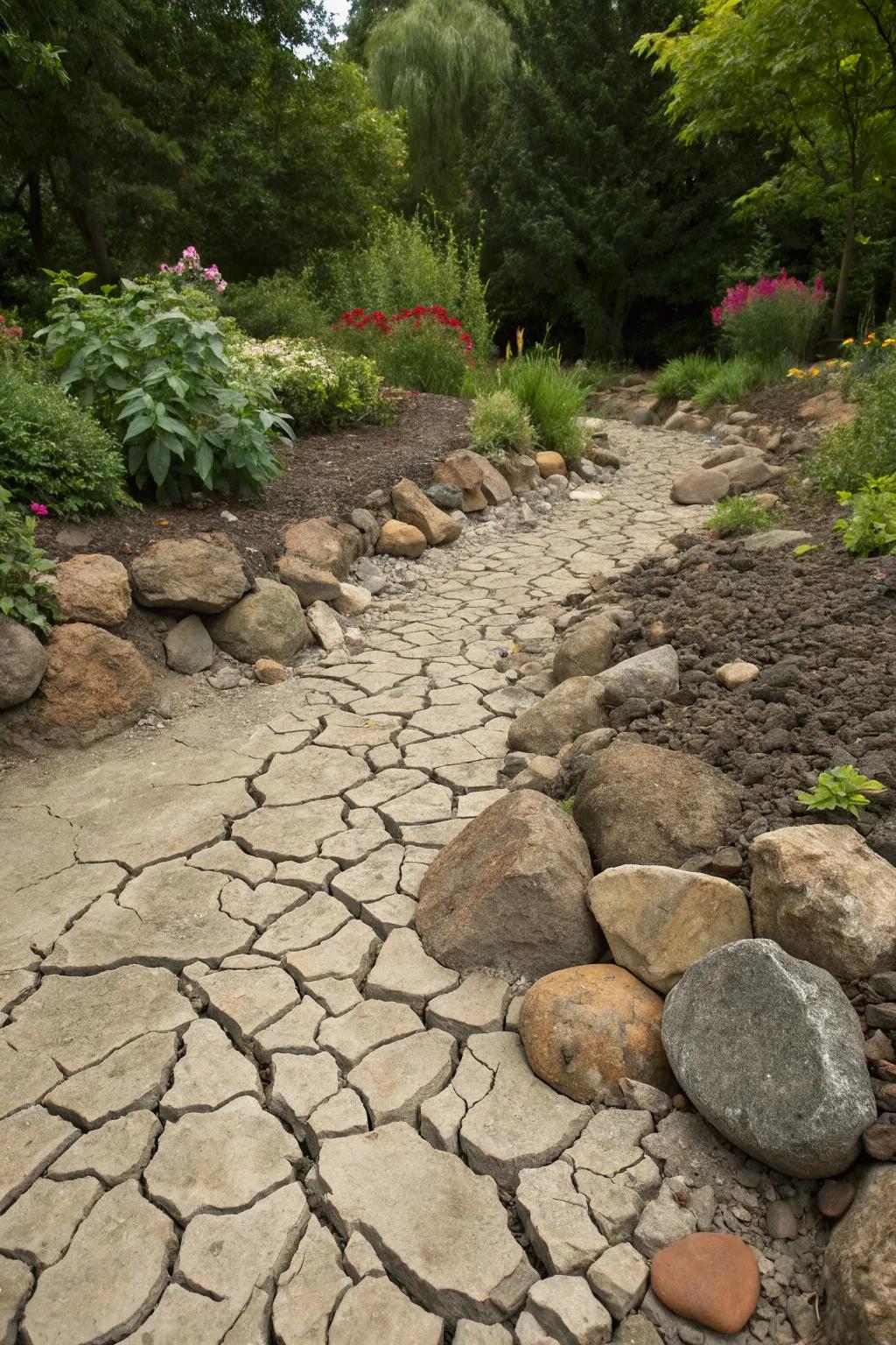 Contrasting stone colors add visual interest to a dry river bed.