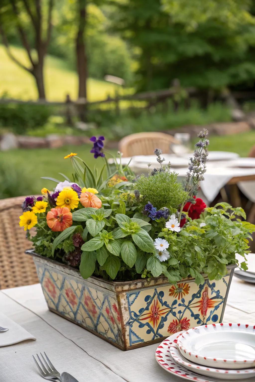 A beautiful and practical edible flower and herb planter.