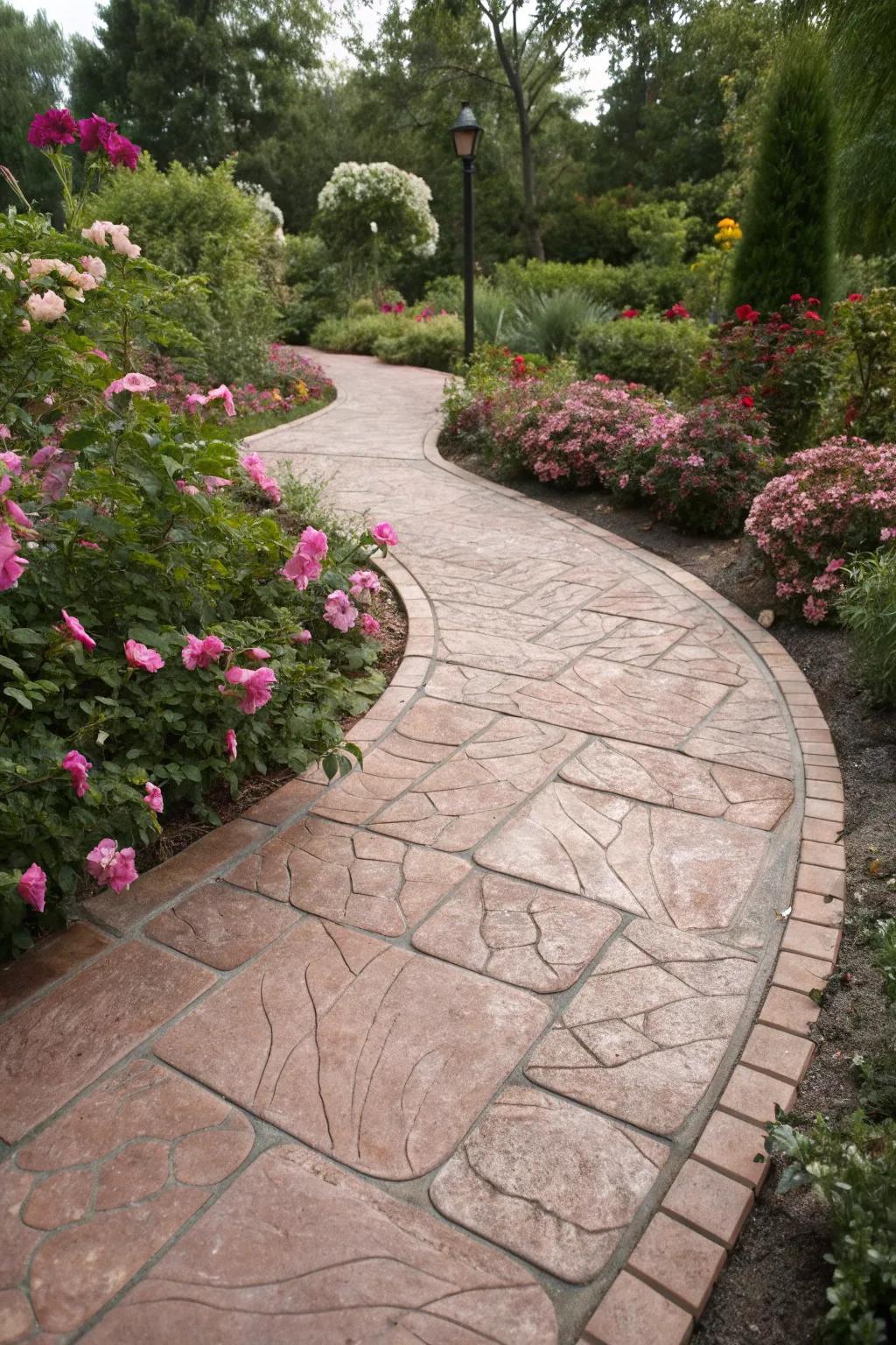 An enchanting flower garden pathway featuring dusty rose ashlar slate pattern stamped concrete.