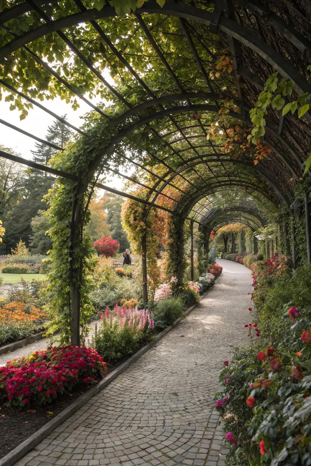 Archway trellises create an enchanting garden entrance.