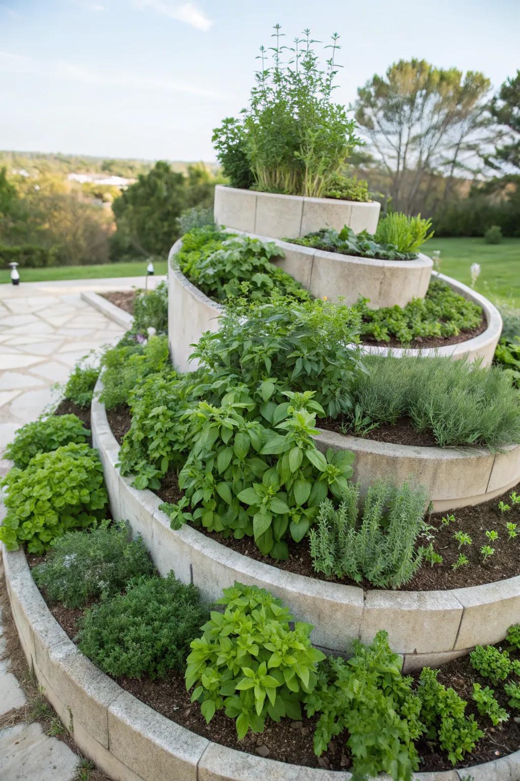 Compact and efficient raised herb spiral.