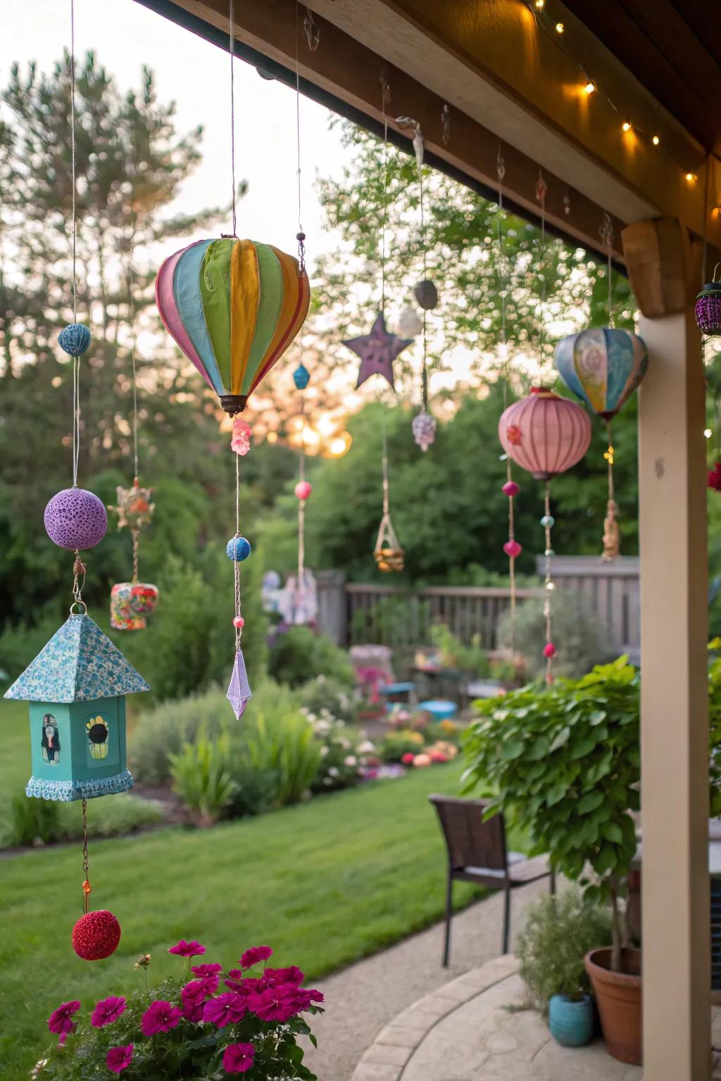 Hanging ornaments add whimsical charm to the backyard.