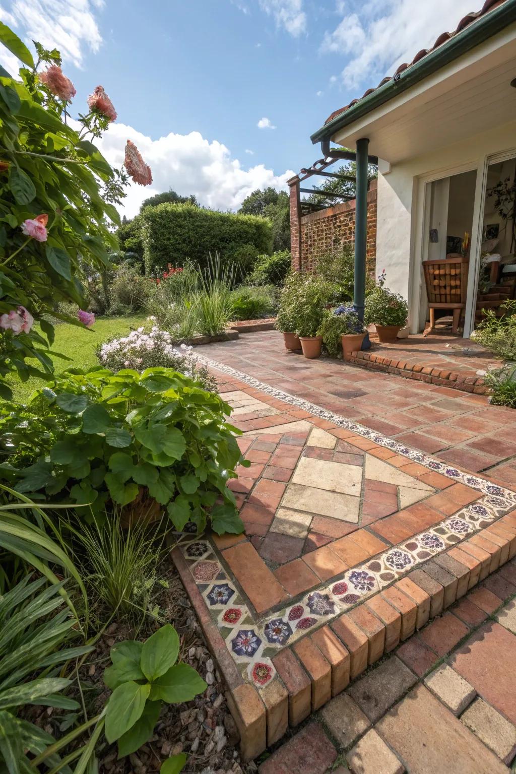 A patio with eco-friendly edging using recycled bricks and tiles for a unique look.
