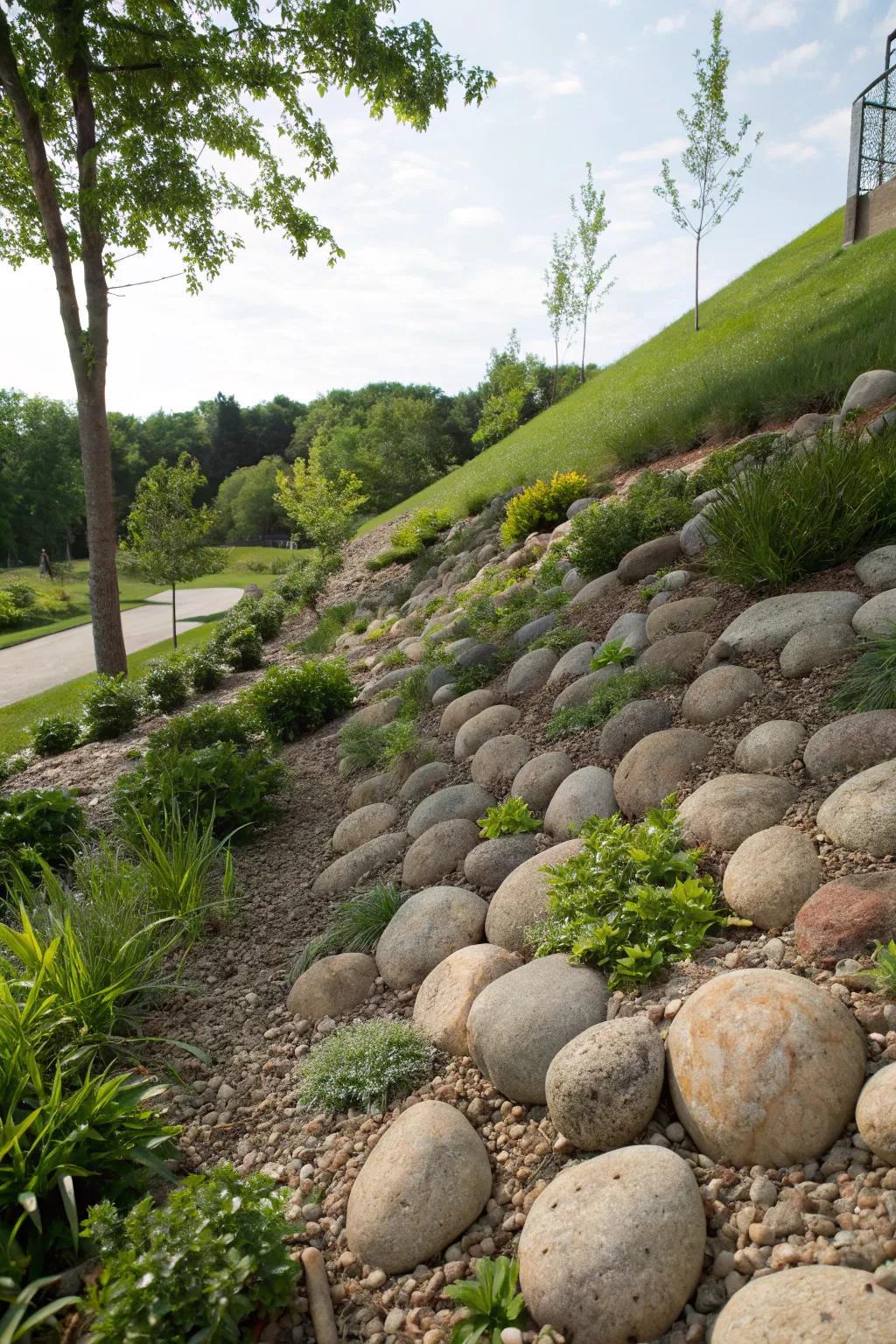 Egg rocks effectively stabilize slopes in your garden.