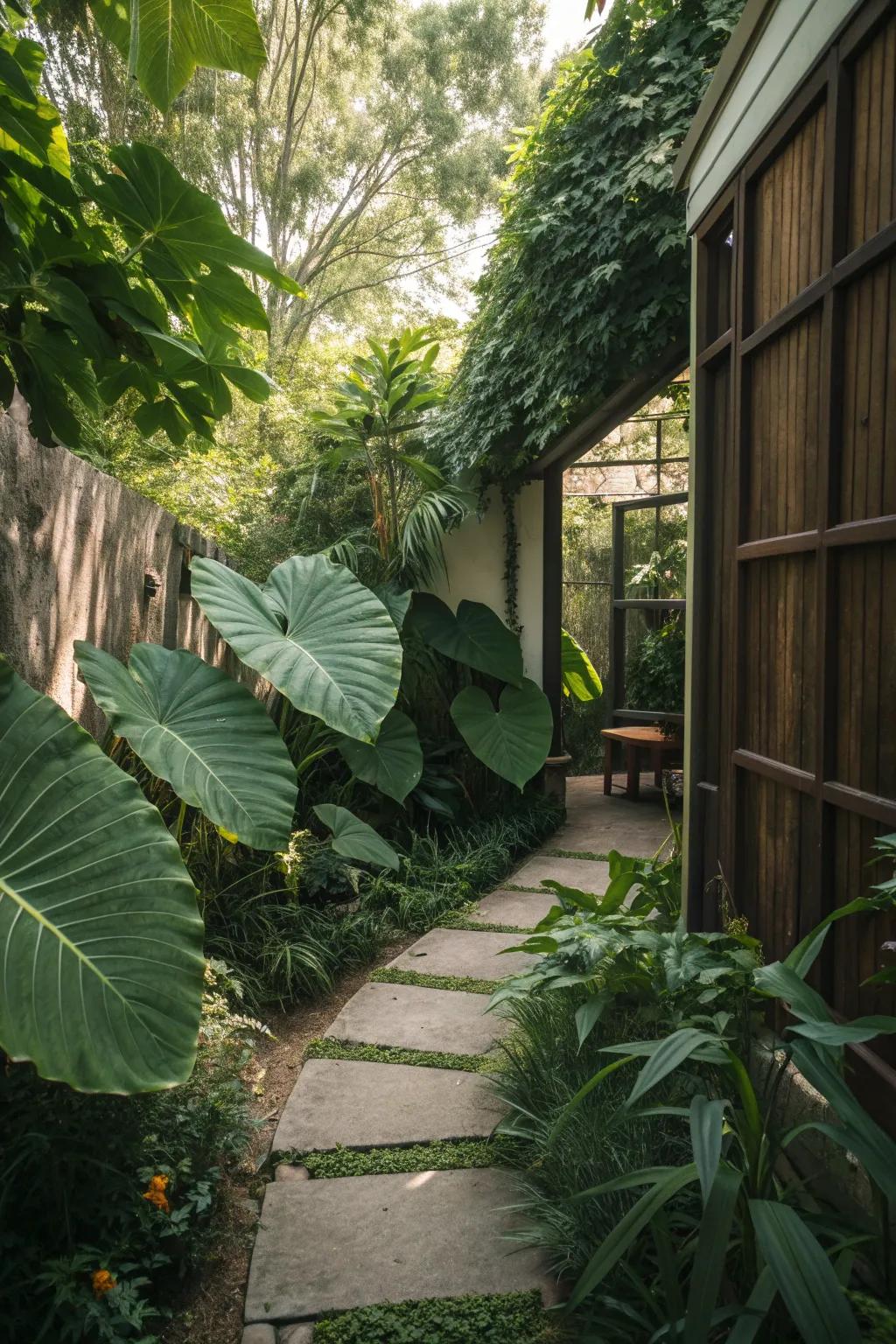 Find peace in a hidden nook shielded by lush elephant ears.