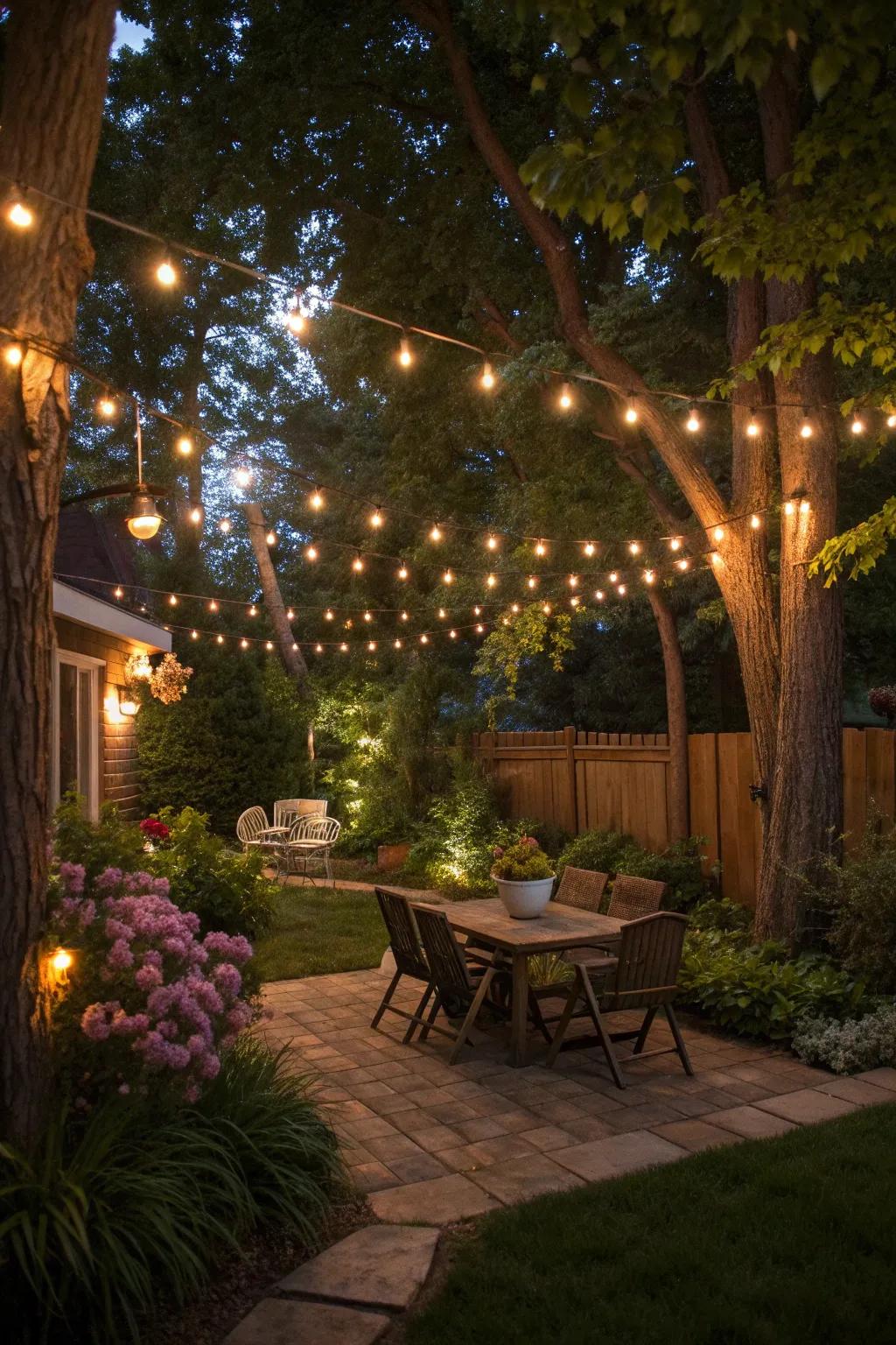 Magical string lights in the backyard, creating a warm evening ambiance.