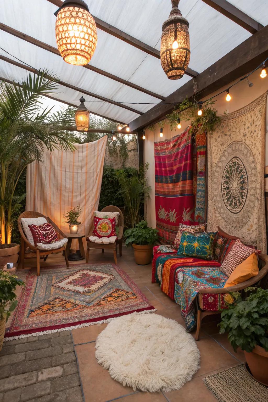 Create a vibrant retreat with bohemian vibes on your patio.