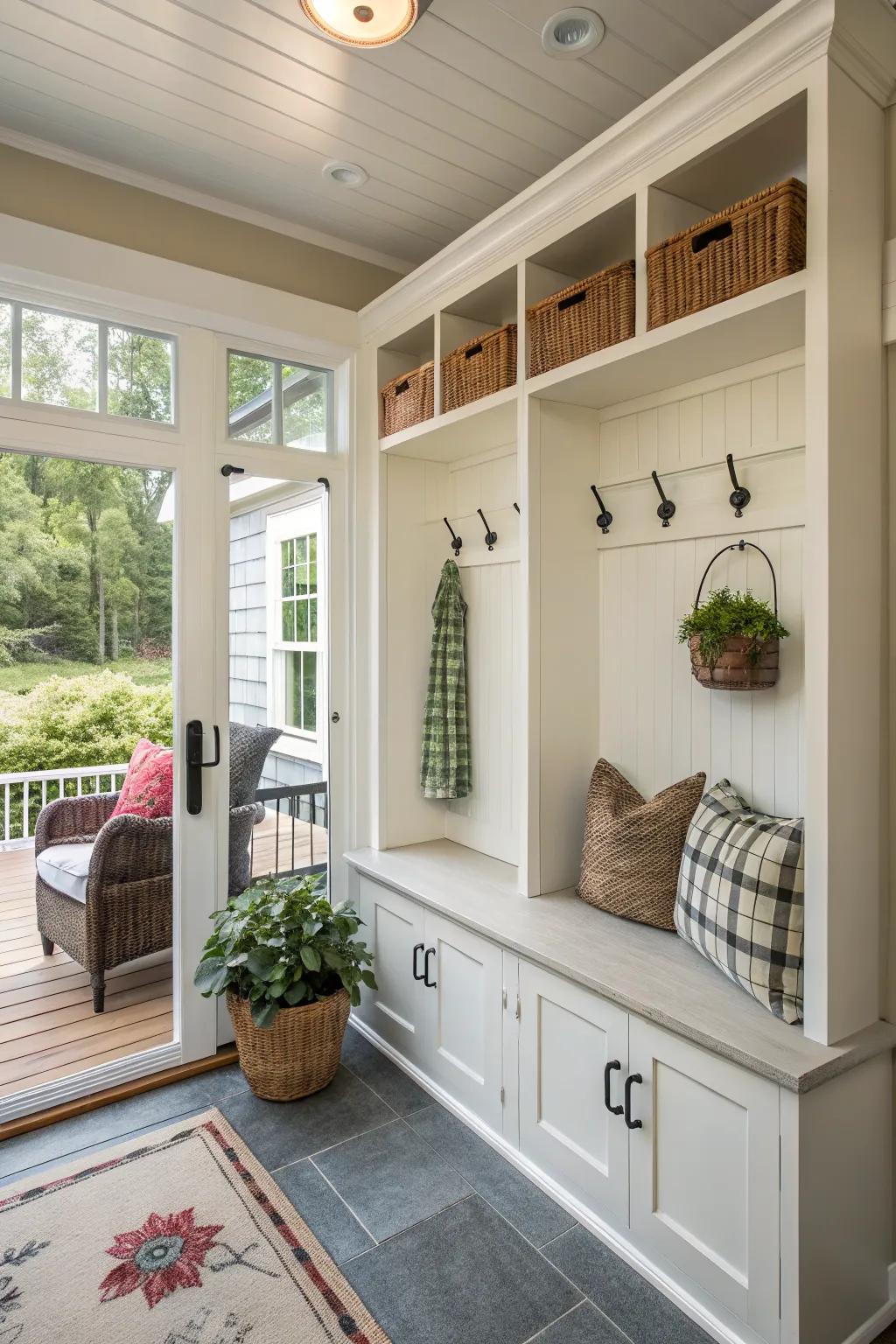 Built-in storage keeps the porch tidy and functional.