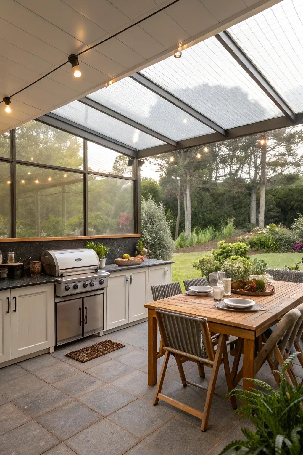 Screened-in serenity provides a bug-free outdoor dining experience.